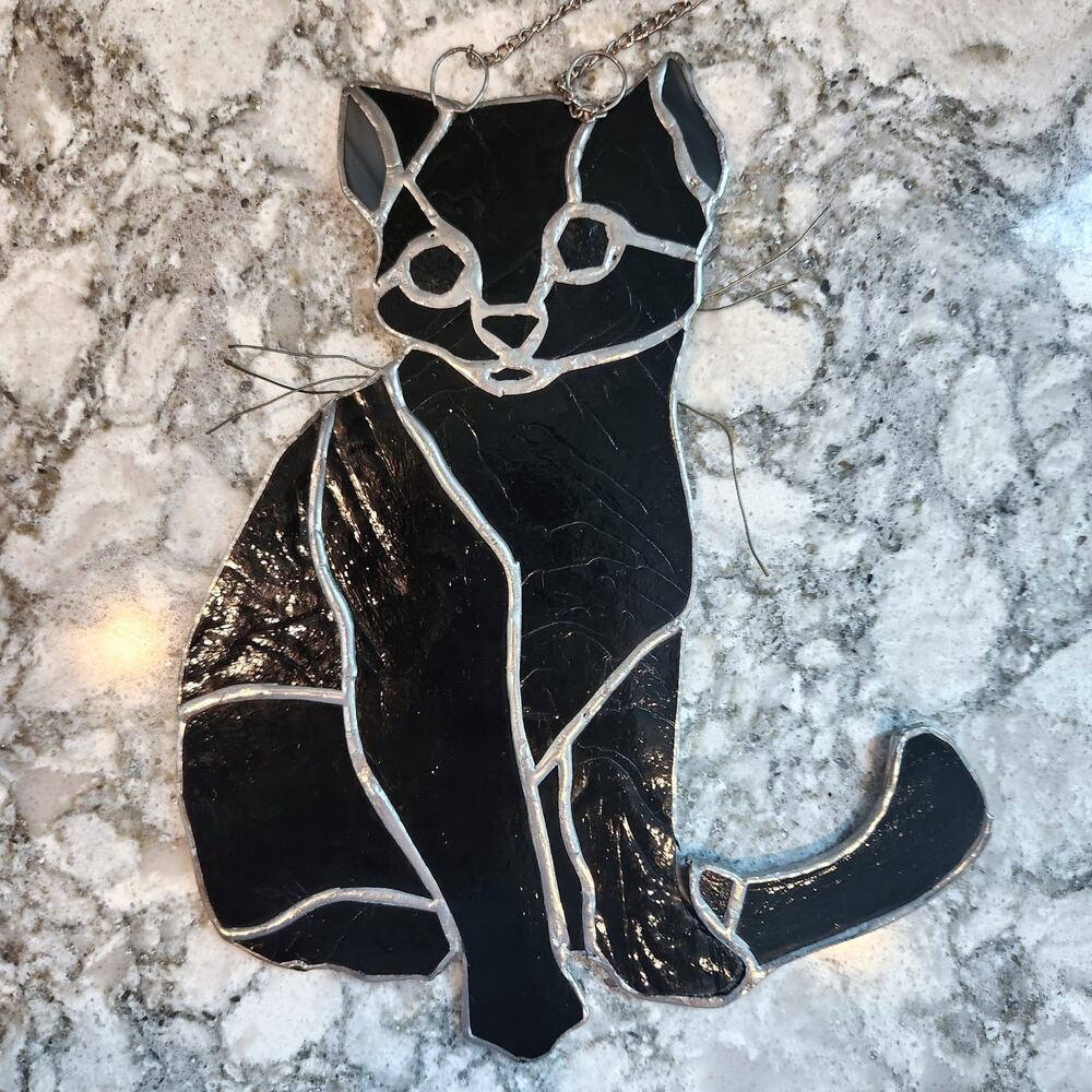 🐾 Vintage Burmese Black Cat Stained Glass Suncatcher – Green Eyes Artisan 1970s - Picture 6 of 10